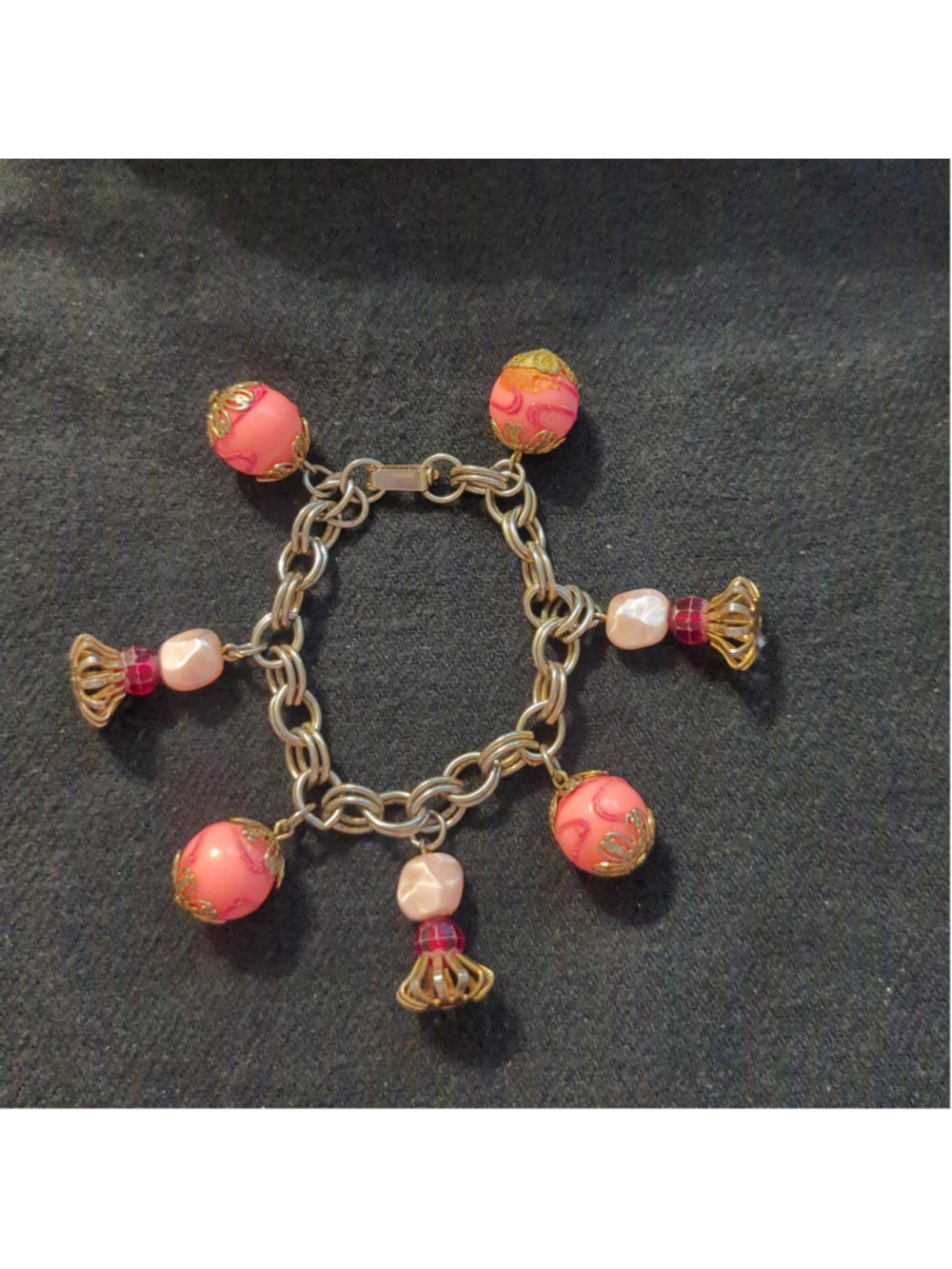 Silver Tone Pink Beaded Charm Chain Link Statement Bracelet